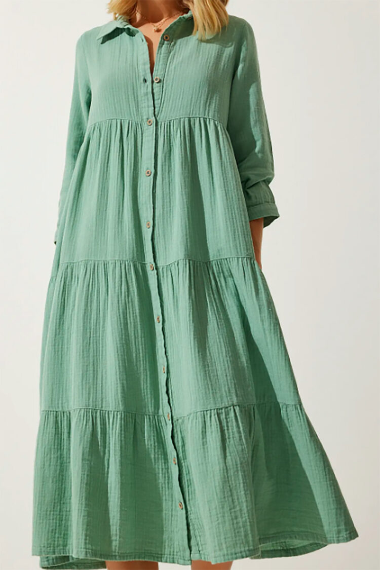 Green Casual Boho Shirt Dress With Notched Neck
