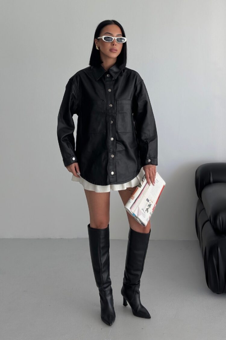 Black Shirt Streetwear Oversized Polo Neck Plain