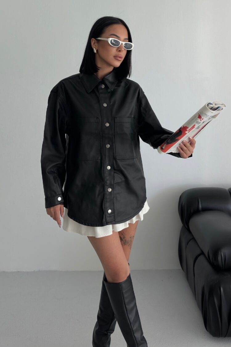 Black Shirt Streetwear Oversized Polo Neck Plain
