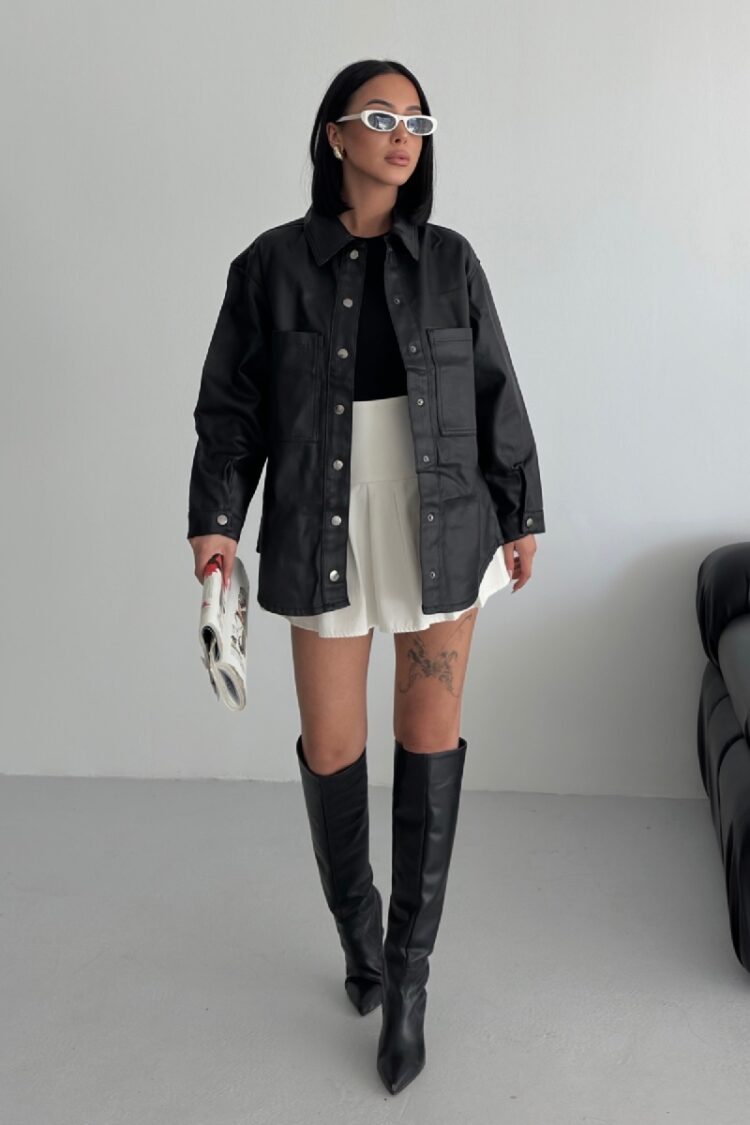 Black Shirt Streetwear Oversized Polo Neck Plain