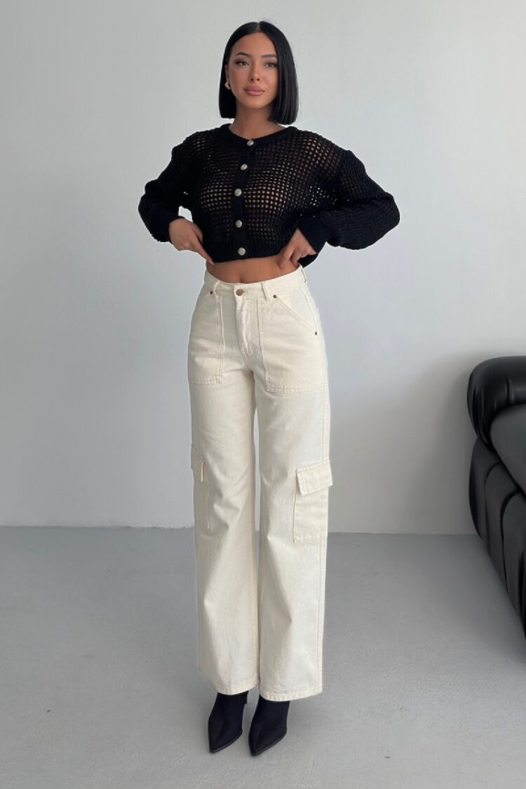Beige Cargo Jeans With High Waist & Flap Pockets