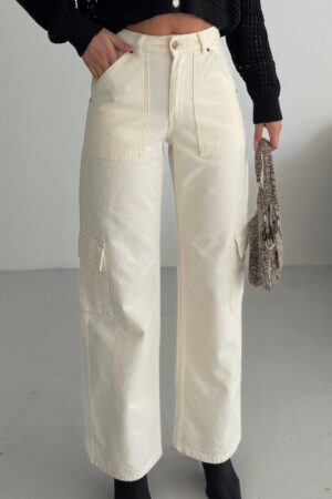 Beige Cargo Jeans With High Waist & Flap Pockets - Brand: XLove - Women & Kids, Baby Clothes Wholesale - Globality Store