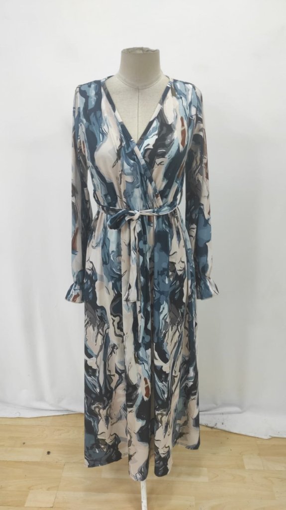 Elegant Beige Wrap Dress With Marble Pattern