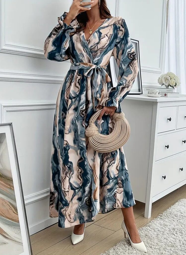 Elegant Beige Wrap Dress With Marble Pattern - Brand: Janes - Women & Kids, Baby Clothes Wholesale - Globality Store
