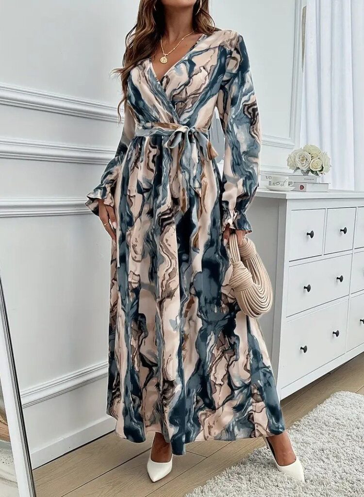 Elegant Beige Wrap Dress With Marble Pattern