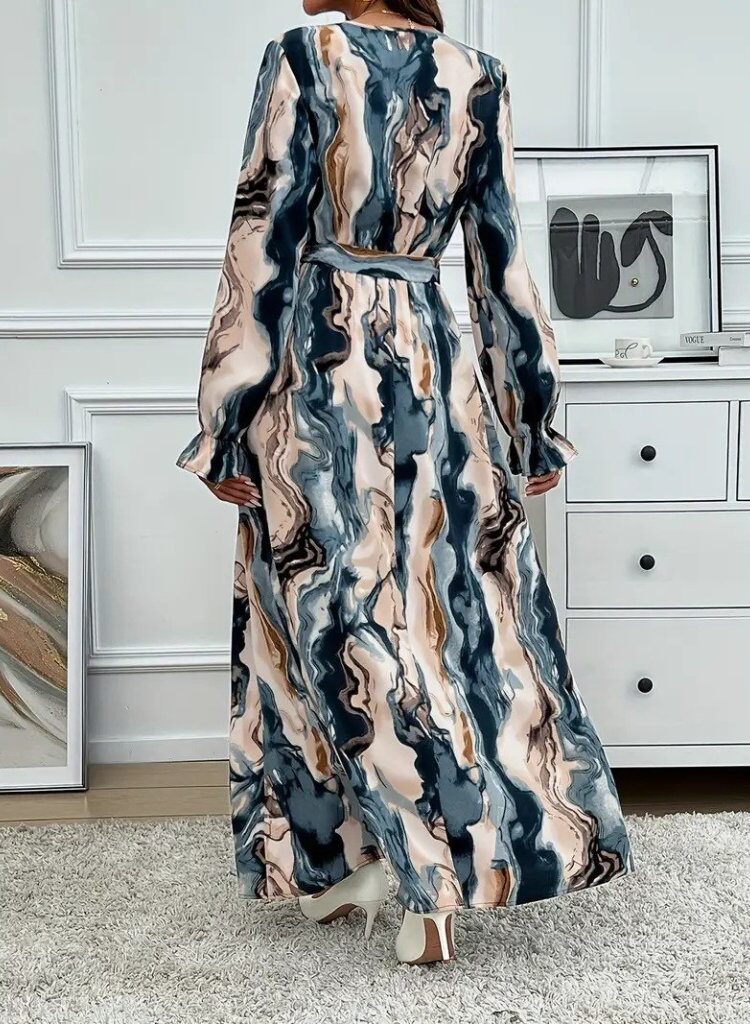 Elegant Beige Wrap Dress With Marble Pattern