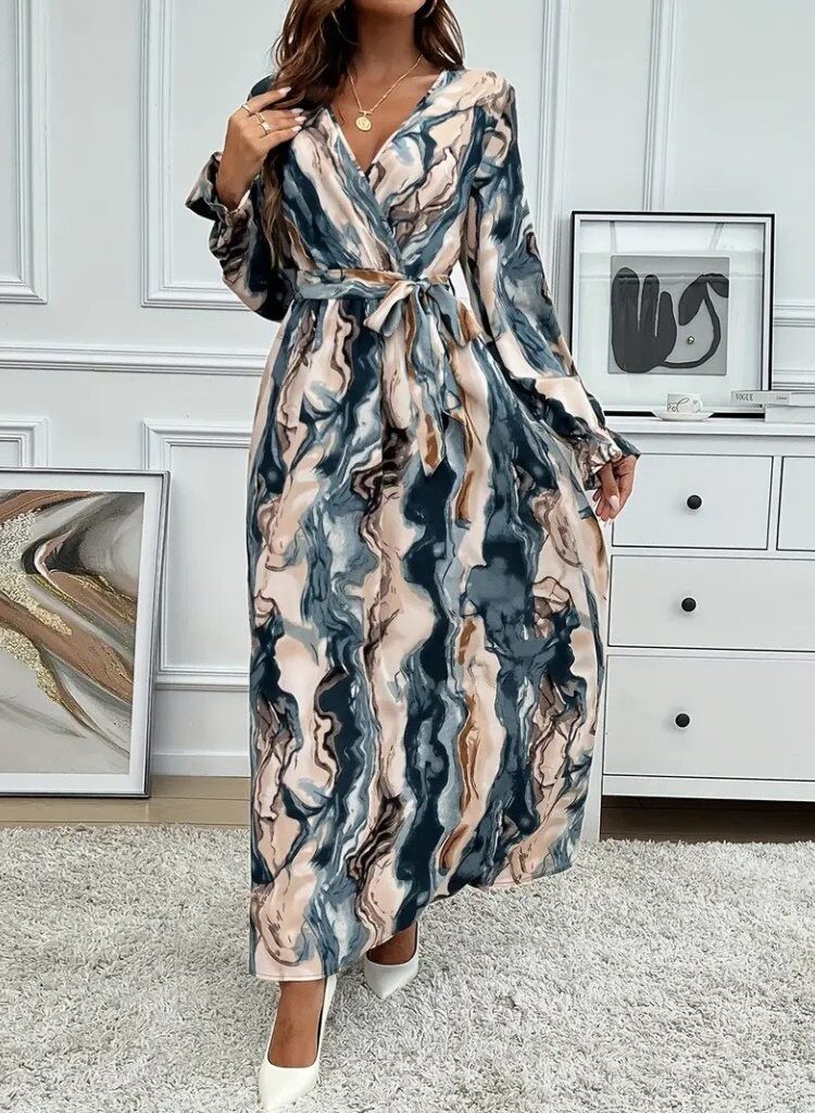 Elegant Beige Wrap Dress With Marble Pattern