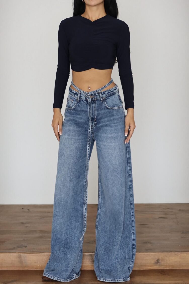 Blue Retro Casual Wide Leg Palazzo Jeans