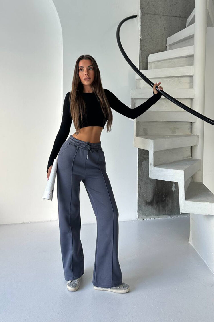 Grey Sweatpants With Drawstring High Waist