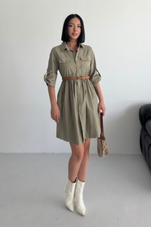 Khaki Elegant Shirt Dress With 3/4 Sleeves - Brand: XLove - Women & Kids, Baby Clothes Wholesale - Globality Store