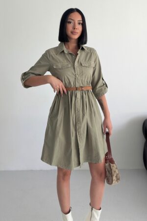 Khaki Elegant Shirt Dress With 3/4 Sleeves - Brand: XLove - Women & Kids, Baby Clothes Wholesale - Globality Store