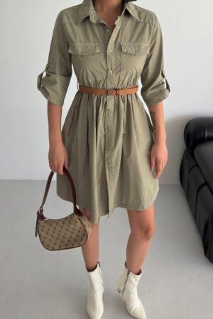 Khaki Elegant Shirt Dress With 3/4 Sleeves - Brand: XLove - Women & Kids, Baby Clothes Wholesale - Globality Store
