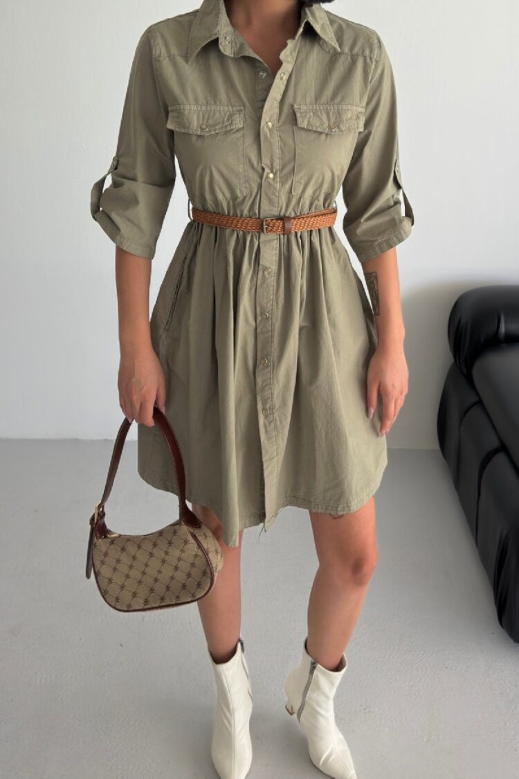 Khaki Elegant Shirt Dress With 3/4 Sleeves