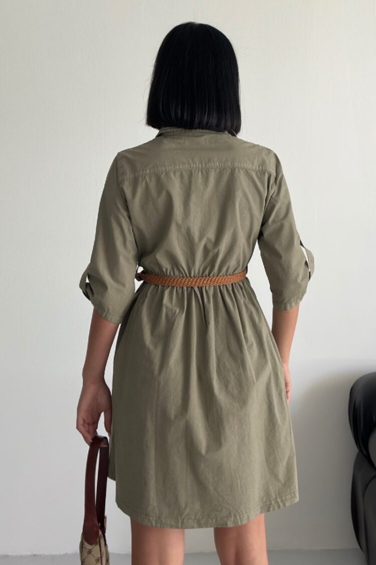Khaki Elegant Shirt Dress With 3/4 Sleeves