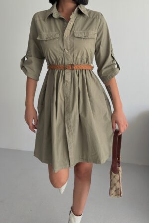Khaki Elegant Shirt Dress With 3/4 Sleeves - Brand: XLove - Women & Kids, Baby Clothes Wholesale - Globality Store