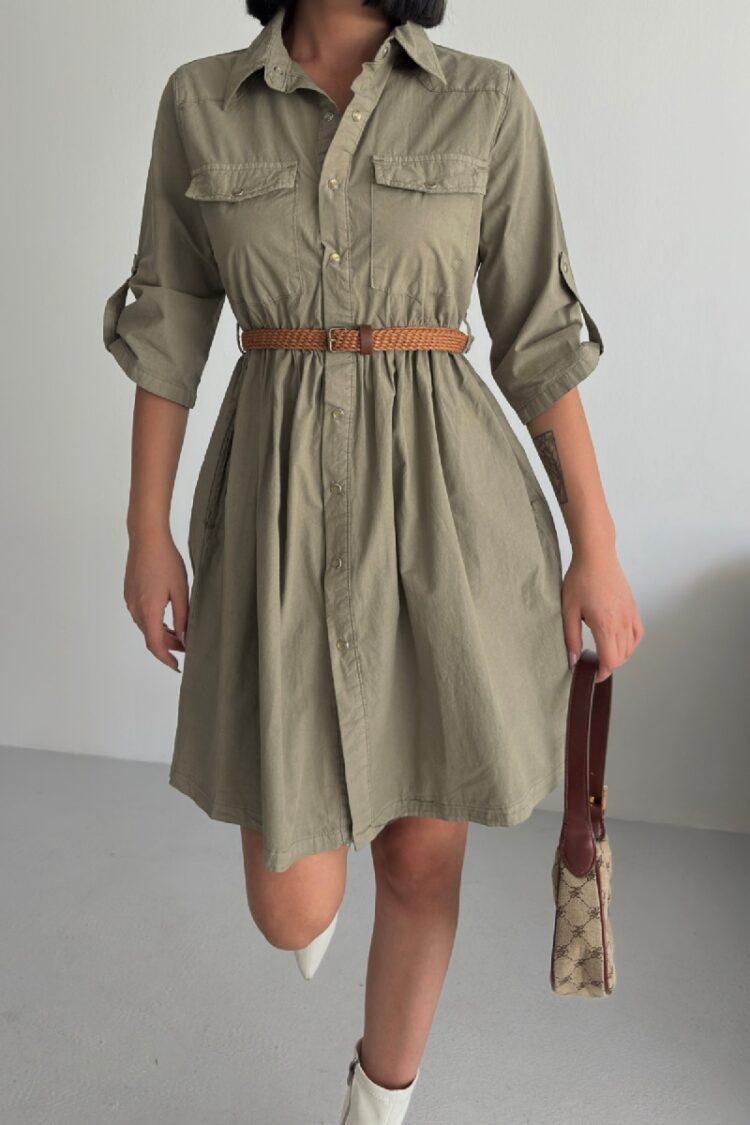 Khaki Elegant Shirt Dress With 3/4 Sleeves