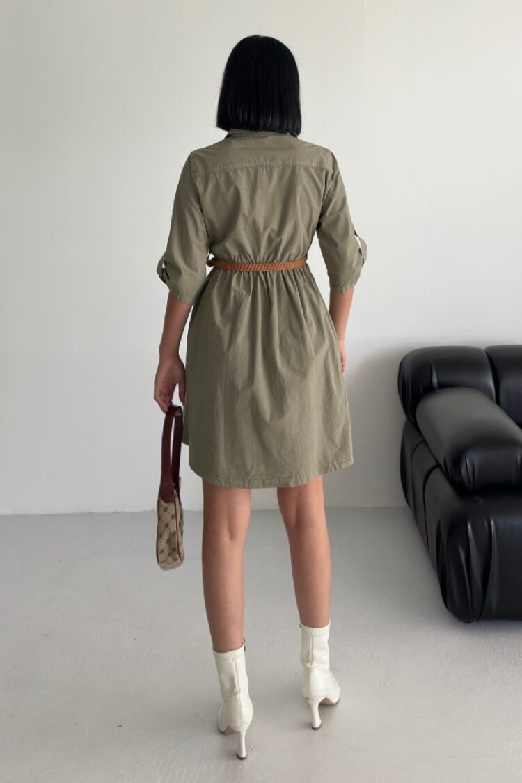 Khaki Elegant Shirt Dress With 3/4 Sleeves