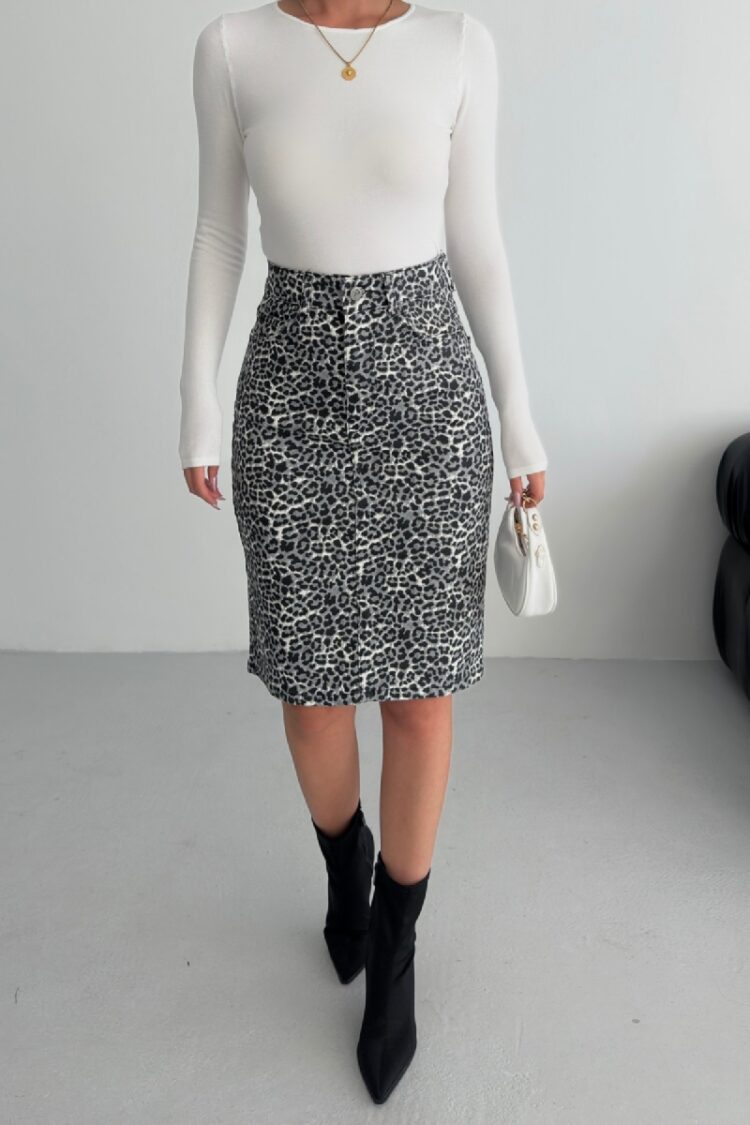 Black Leopard Print Pencil Skirt Midi High Waist
