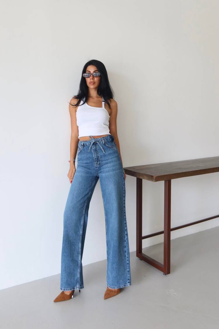 Blue Mom Jeans Wide Leg High Waist Tie Closure