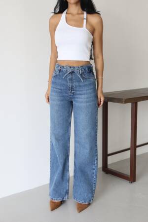 Blue Mom Jeans Wide Leg High Waist Tie Closure - Brand: LACARINO - Women & Kids, Baby Clothes Wholesale - Globality Store