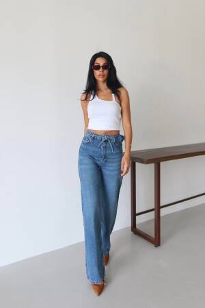 Blue Mom Jeans Wide Leg High Waist Tie Closure - Brand: LACARINO - Women & Kids, Baby Clothes Wholesale - Globality Store