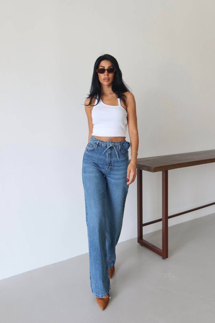 Blue Mom Jeans Wide Leg High Waist Tie Closure