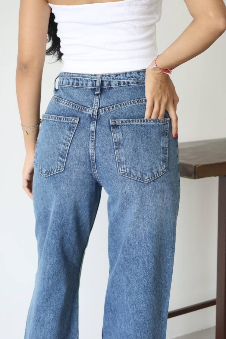 Blue Mom Jeans Wide Leg High Waist Tie Closure