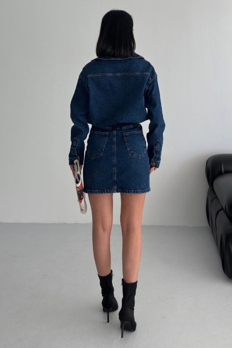 Blue Mini Shirt Dress With Notched Neck