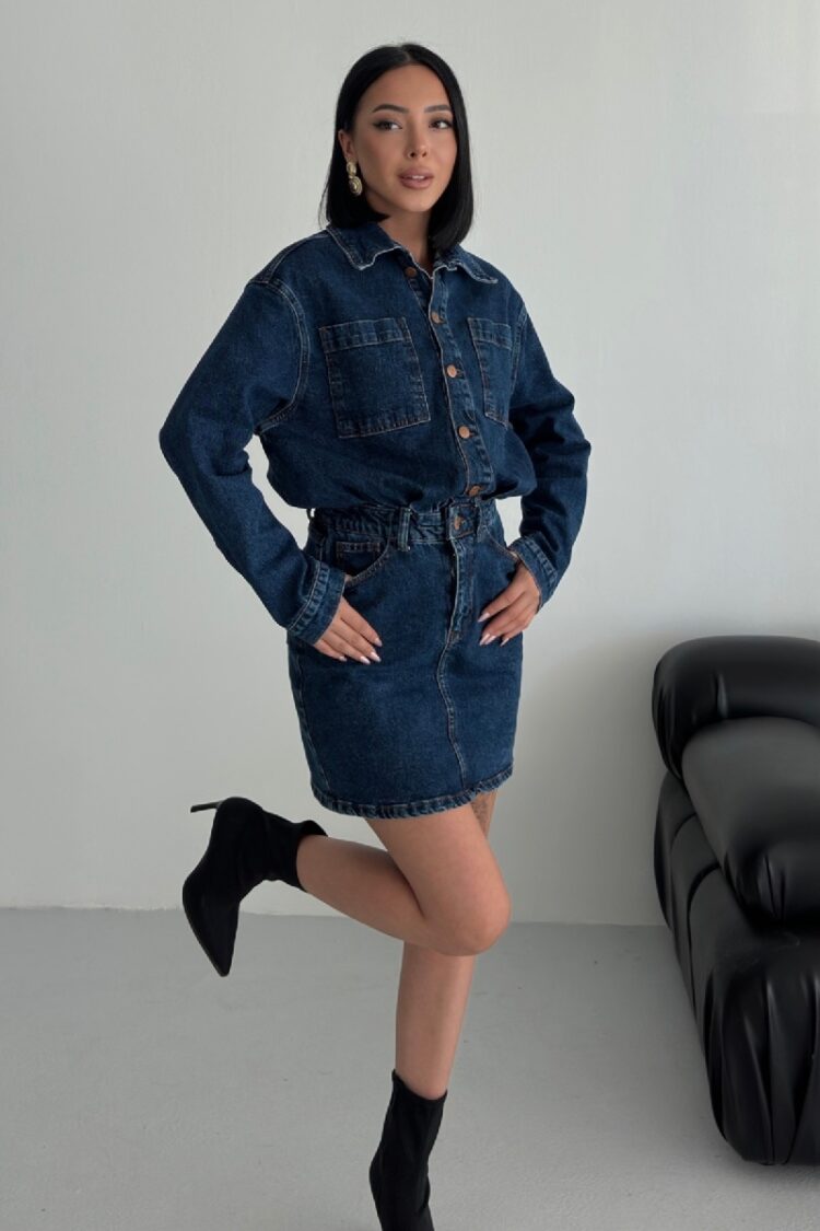 Blue Mini Shirt Dress With Notched Neck