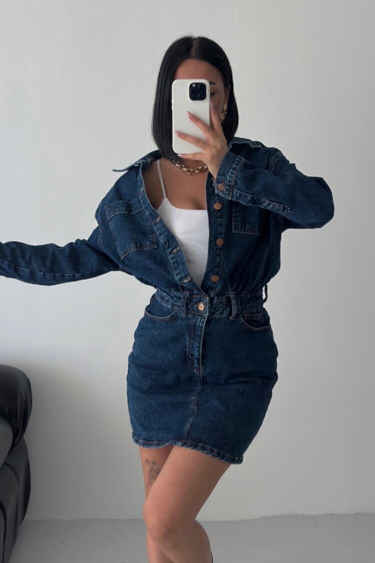 Blue Mini Shirt Dress With Notched Neck
