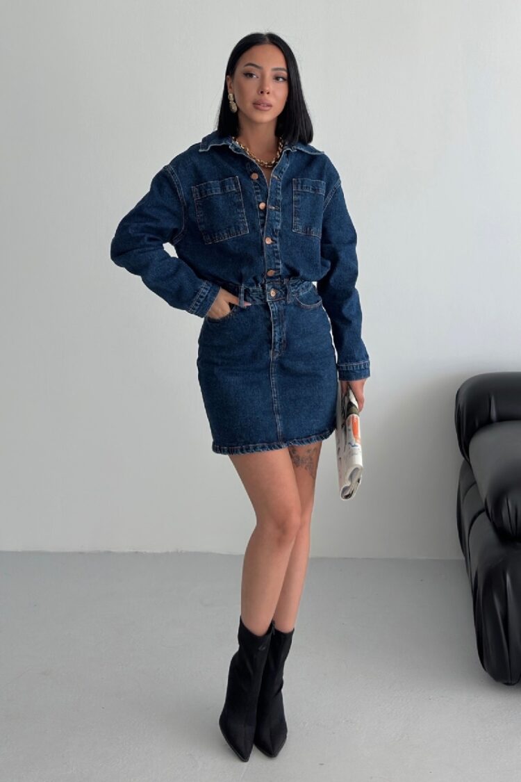Blue Mini Shirt Dress With Notched Neck