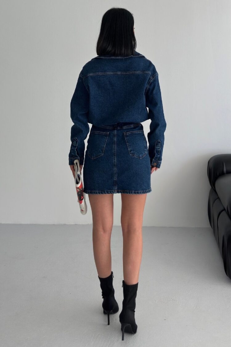Blue Mini Shirt Dress With Notched Neck