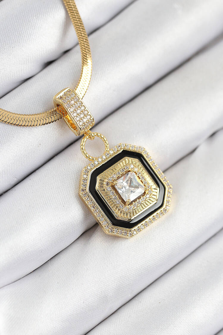 316l Steel Zircon Stone Black Detailed Baguette Model Gold Color Women Necklace - Brand: Ebijuteri - Women & Kids, Baby Clothes Wholesale - Globality Store