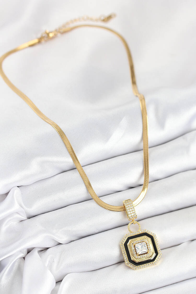 316l Steel Zircon Stone Black Detailed Baguette Model Gold Color Women Necklace