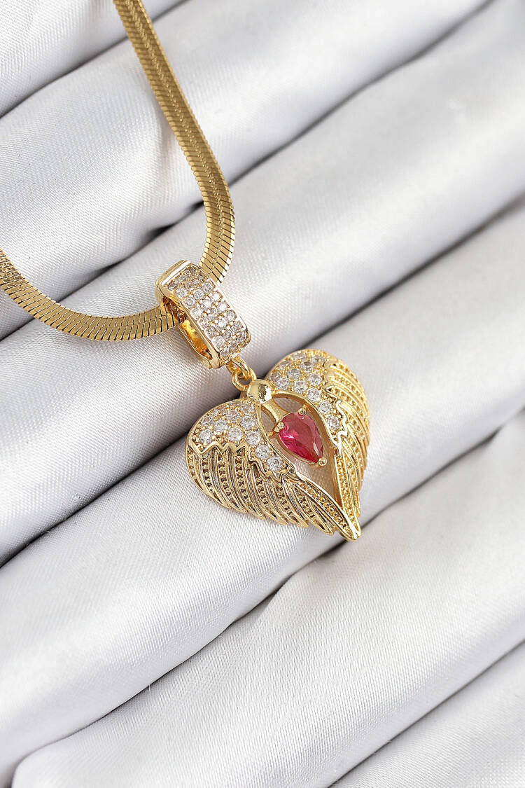 316l Steel Zircon Stone Winged Heart Model Gold Color Women Necklace - Brand: Ebijuteri - Women & Kids, Baby Clothes Wholesale - Globality Store