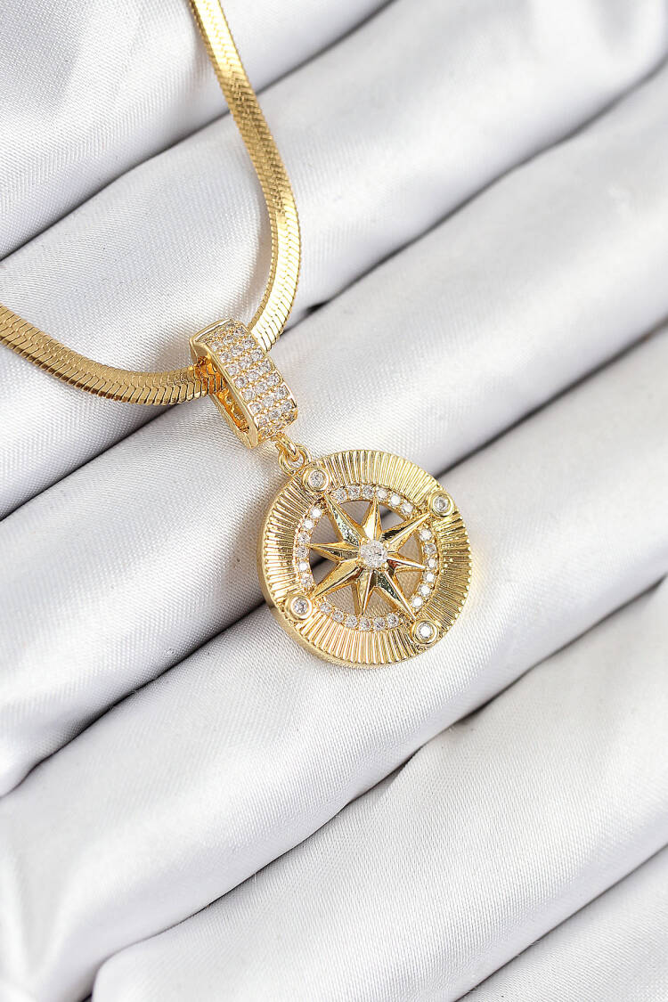 316l Steel Zircon Stone Compass Model Gold Color Women Necklace - Brand: Ebijuteri - Women & Kids, Baby Clothes Wholesale - Globality Store