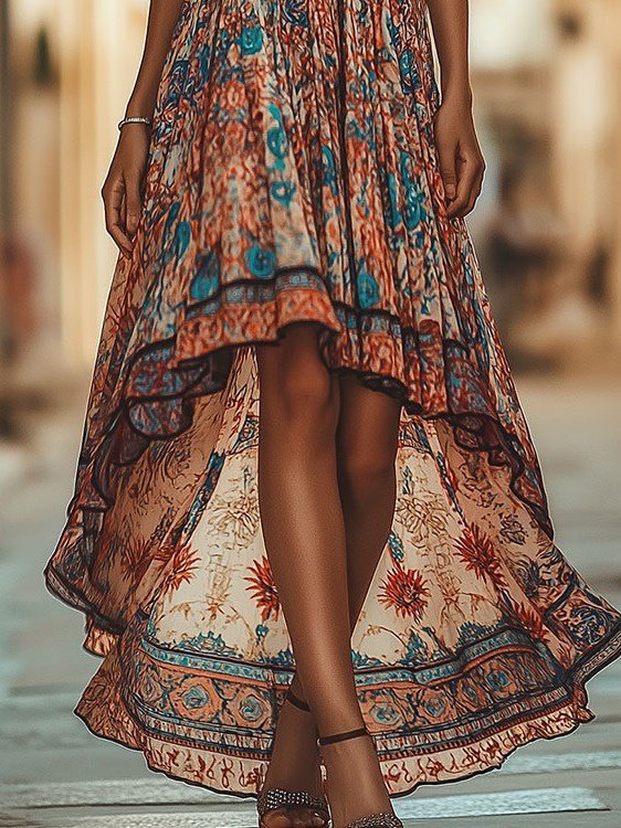 Mix Color Fit And Flare Boho Dress