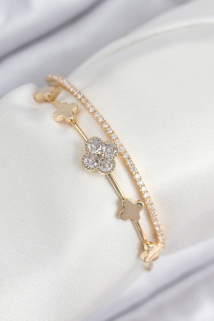 Brass Zircon Stone Clover Pattern Gold Color Women's Bracelet - Brand: Ebijuteri - Women & Kids, Baby Clothes Wholesale - Globality Store