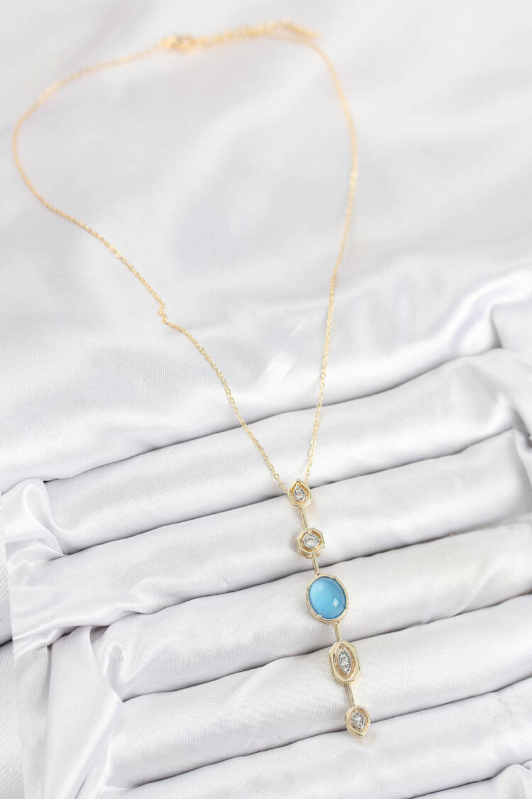 Brass Chain Blue Gold Color Zircon Stone Y Necklace
