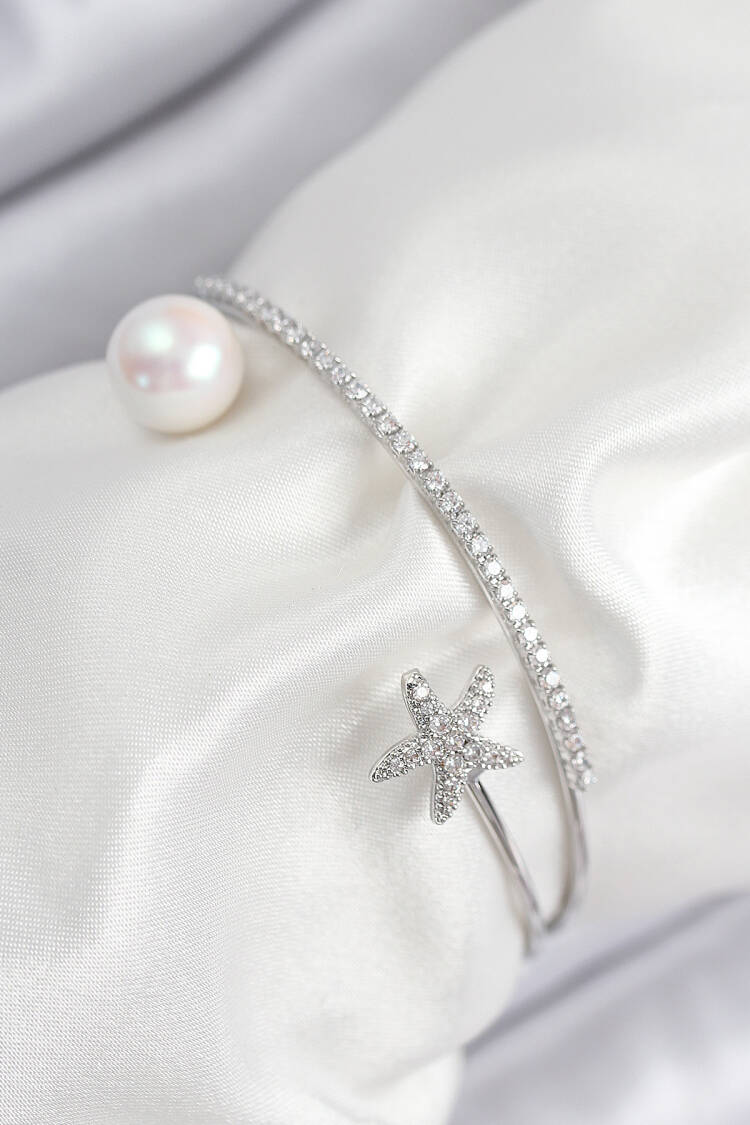 Brass Zircon Stone Star And Pearl Pattern Silver Color Women's Bracelet - Brand: Ebijuteri - Women & Kids, Baby Clothes Wholesale - Globality Store