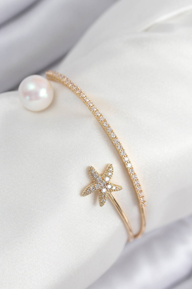 Brass Zircon Stone Star And Pearl Pattern Gold Color Women's Bracelet - Brand: Ebijuteri - Women & Kids, Baby Clothes Wholesale - Globality Store