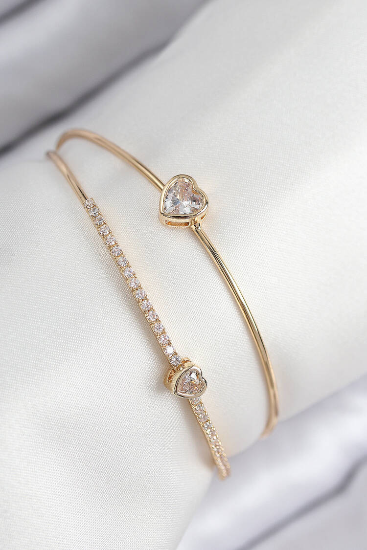 Brass Zircon Stone Heart Model Gold Color Women's Bracelet - Brand: Ebijuteri - Women & Kids, Baby Clothes Wholesale - Globality Store