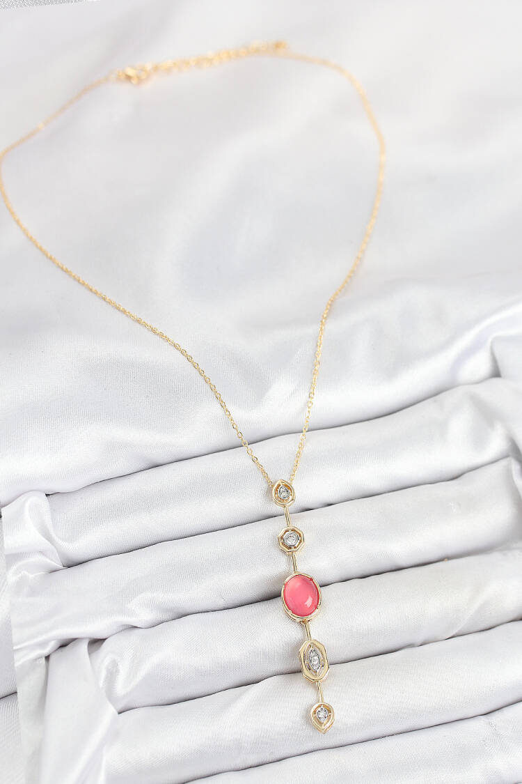 Brass Chain Pink Gold Color Zircon Stone Y Necklace