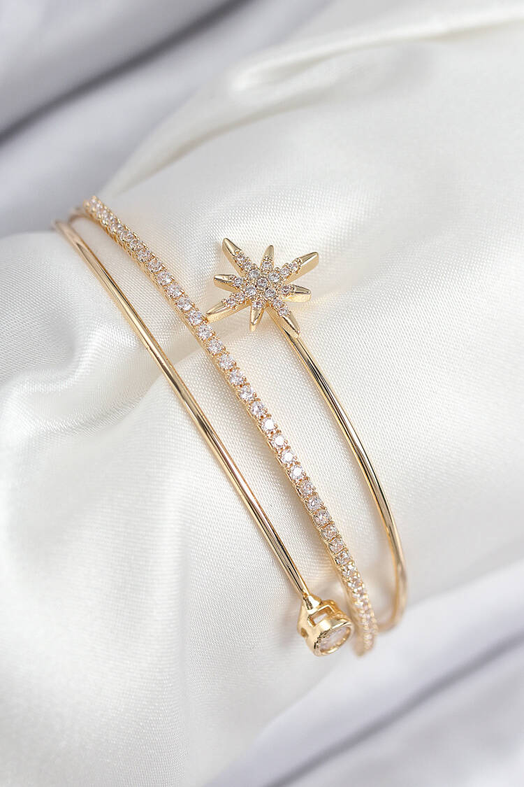 Brass Zircon Stone Pole Star Pattern Gold Color Women's Bracelet - Brand: Ebijuteri - Women & Kids, Baby Clothes Wholesale - Globality Store