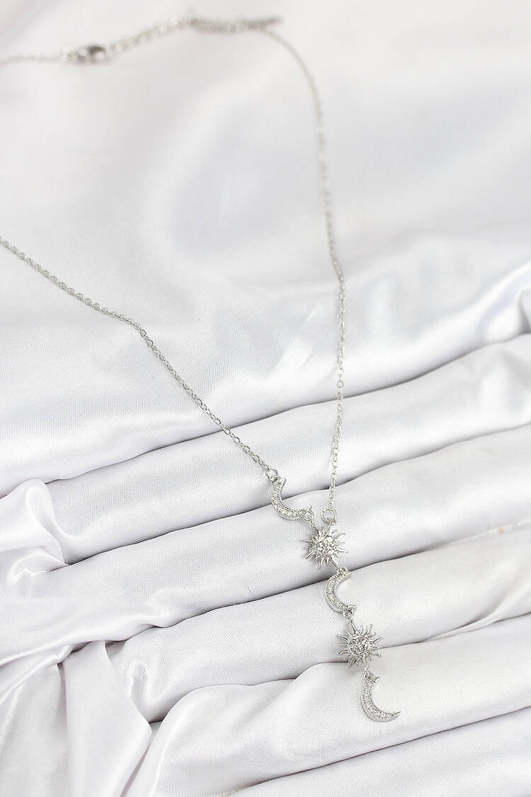 316l Steel Zircon Stone Sun And Moon Pattern Silver Color Women Necklace