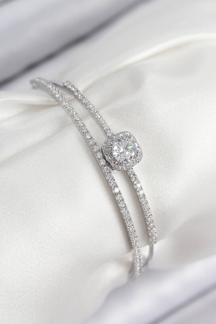 Brass Zircon Stone Baguette Model Silver Color Women's Bracelet - Brand: Ebijuteri - Women & Kids, Baby Clothes Wholesale - Globality Store
