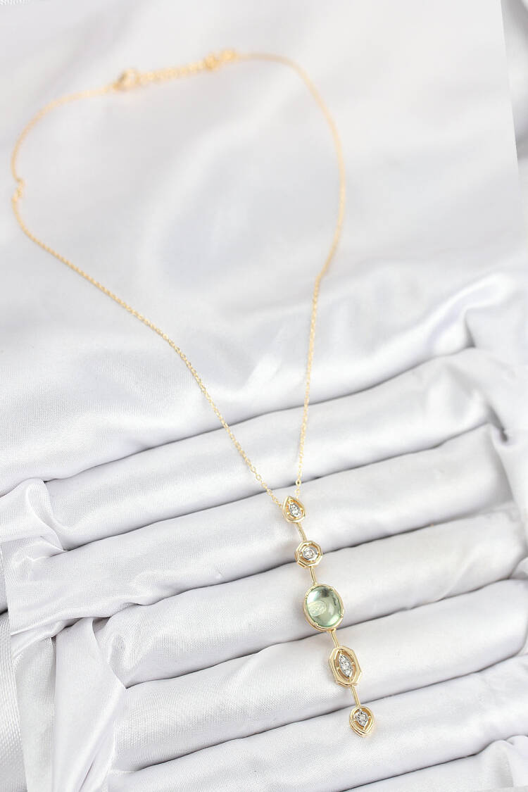 Brass Chain Green Gold Color Zircon Stone Y Necklace