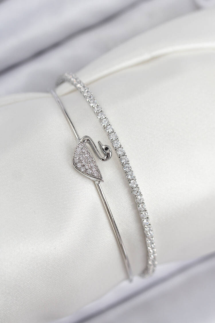Brass Zircon Stone Swan Model Silver Color Women's Bracelet - Brand: Ebijuteri - Women & Kids, Baby Clothes Wholesale - Globality Store