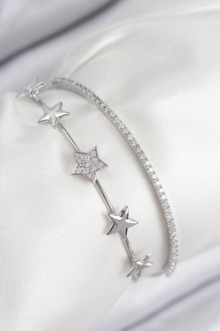 Brass Zircon Stone Star Pattern Silver Color Women's Bracelet - Brand: Ebijuteri - Women & Kids, Baby Clothes Wholesale - Globality Store