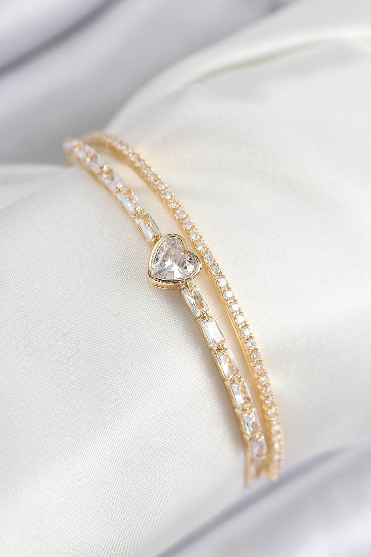 Brass Zircon Stone Heart Model Gold Color Women's Bracelet - Brand: Ebijuteri - Women & Kids, Baby Clothes Wholesale - Globality Store